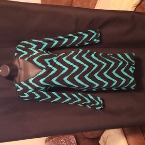 Black and Green Chevron Print Faux Wrap Long Sleeve Dress